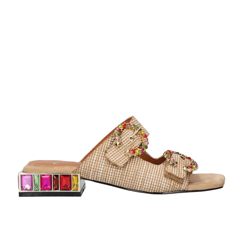 EXE Summer 871 beige embellished slide sandals for women with double strap and colorful jewel heel