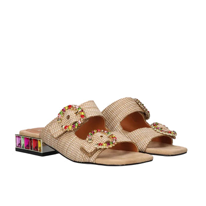 EXE Summer 871 beige embellished slide sandals for women with double strap and colorful jewel heel