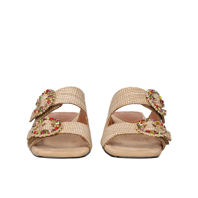 EXE Summer 871 beige embellished slide sandals for women with double strap and colorful jewel heel