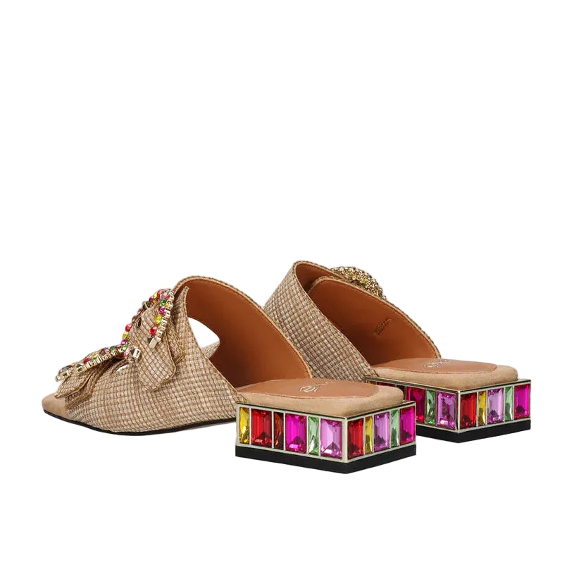 EXE Summer 871 beige embellished slide sandals for women with double strap and colorful jewel heel