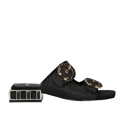 EXE Summer 871 black embellished slide sandals for women with double strap and jewel block heel