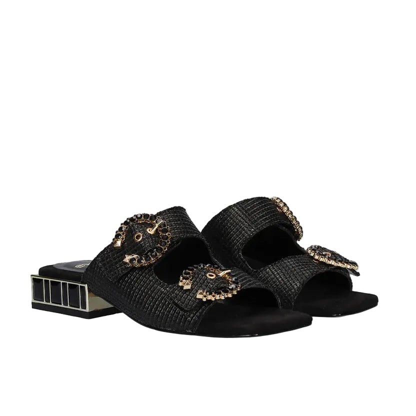 EXE Summer 871 black embellished slide sandals for women with double strap and jewel block heel