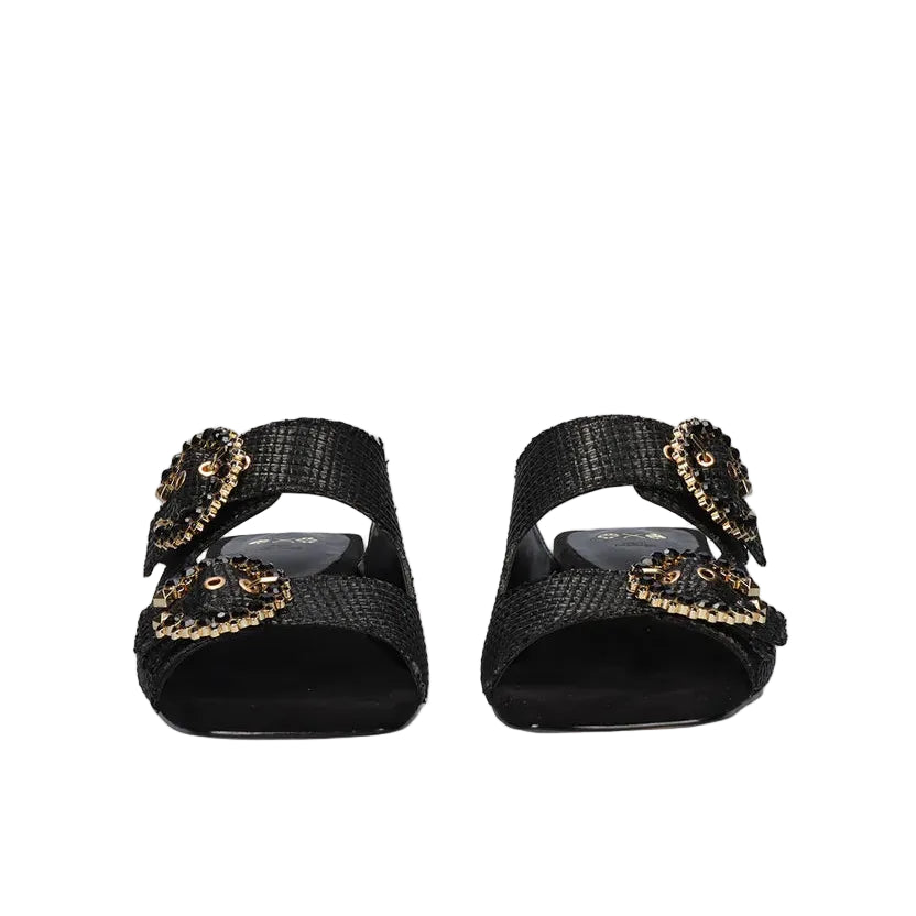 EXE Summer 871 black embellished slide sandals for women with double strap and jewel block heel