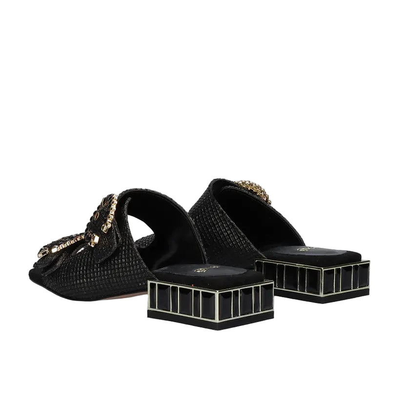 EXE Summer 871 black embellished slide sandals for women with double strap and jewel block heel