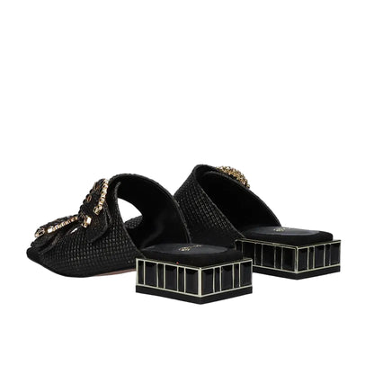 EXE Summer 871 black embellished slide sandals for women with double strap and jewel block heel