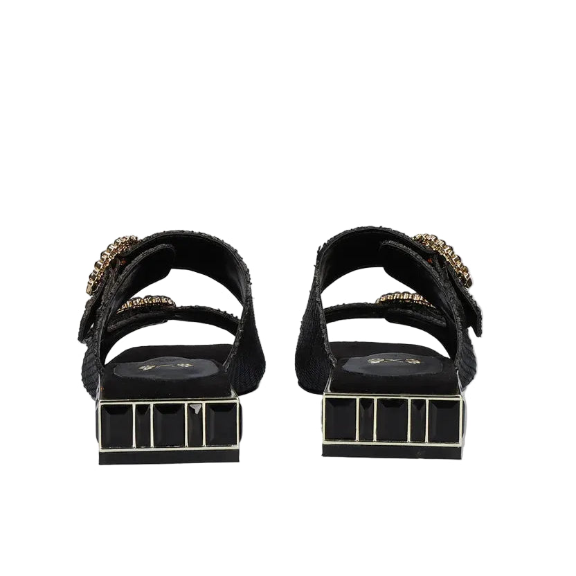EXE Summer 871 black embellished slide sandals for women with double strap and jewel block heel