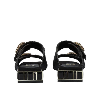 EXE Summer 871 black embellished slide sandals for women with double strap and jewel block heel