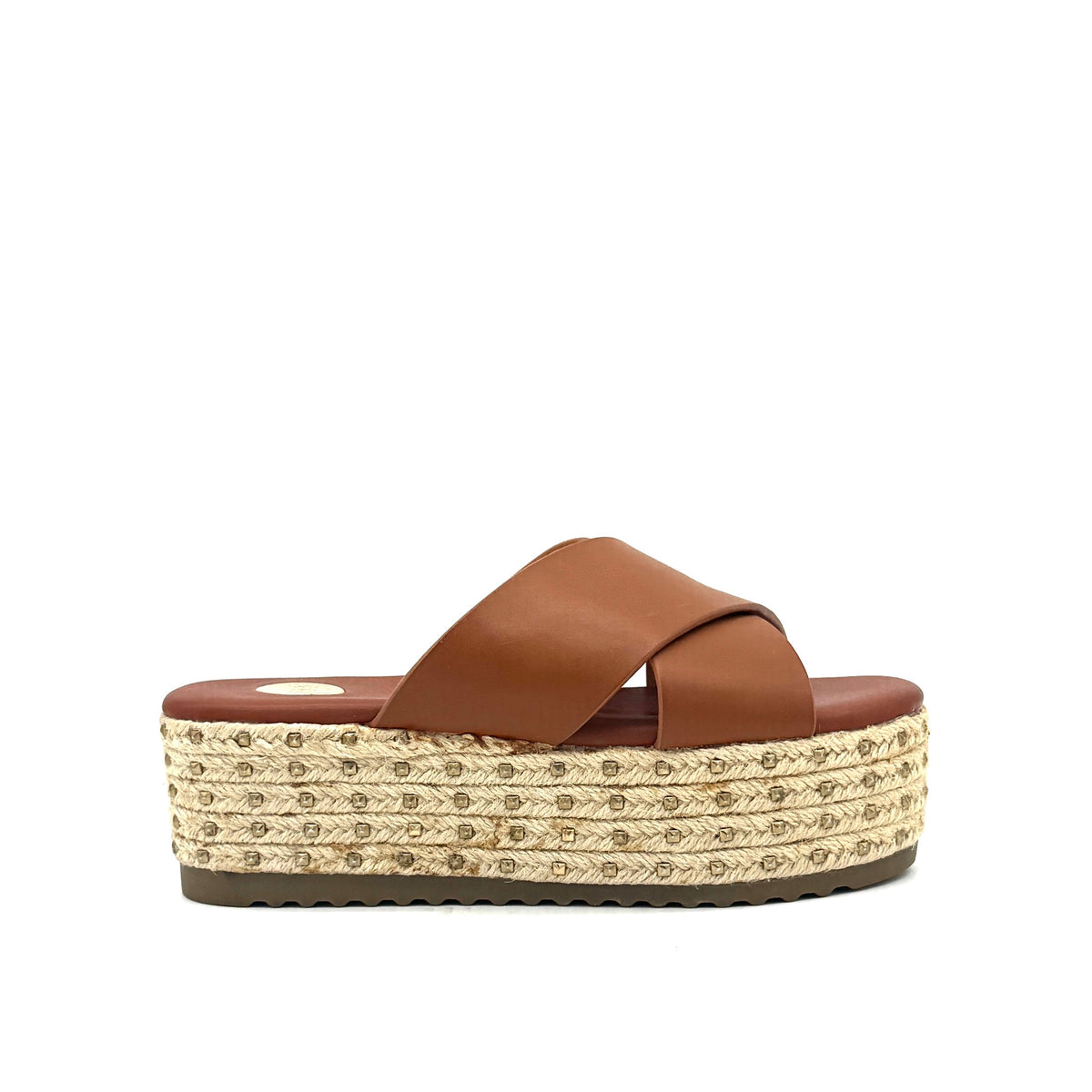 Tan: EXE Violet-199 cross-strap espadrille platform slide in tan with studded rope platform, side view
