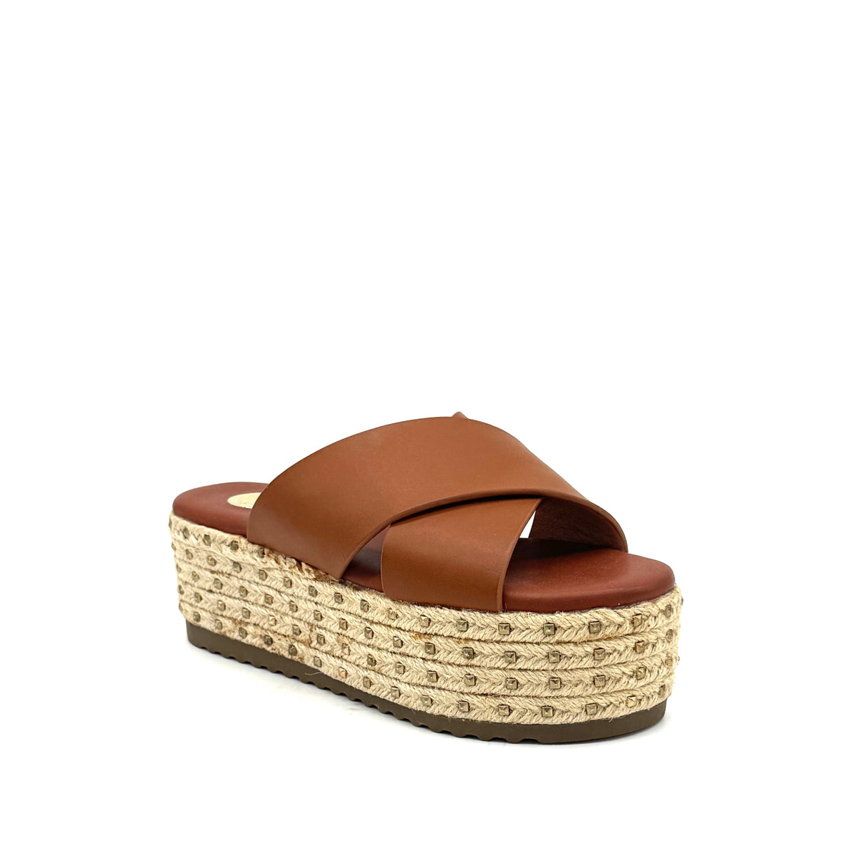 Tan: EXE Violet-199 cross-strap espadrille platform slide in tan with studded rope platform, side view
