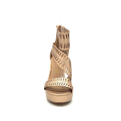 Champagne: EXE Vivian-532 laser-cut strappy platform stiletto sandal in champagne with wide cuff ankle strap and zip back closure