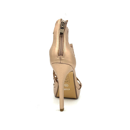 Champagne: EXE Vivian-532 laser-cut strappy platform stiletto sandal in champagne with wide cuff ankle strap and zip back closure
