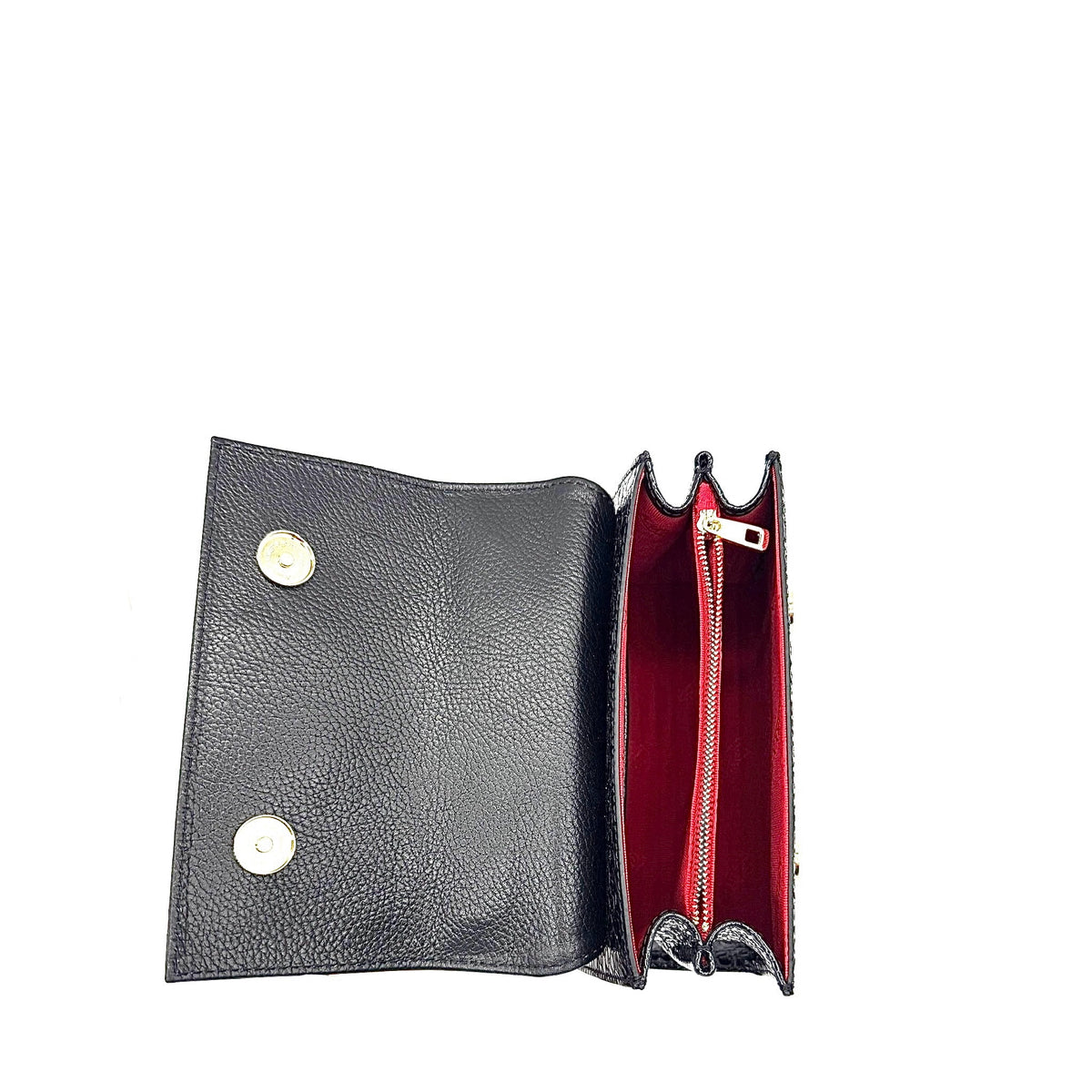 Black patent leather Karya Mila top handle satchel with embossed texture and gold hardware