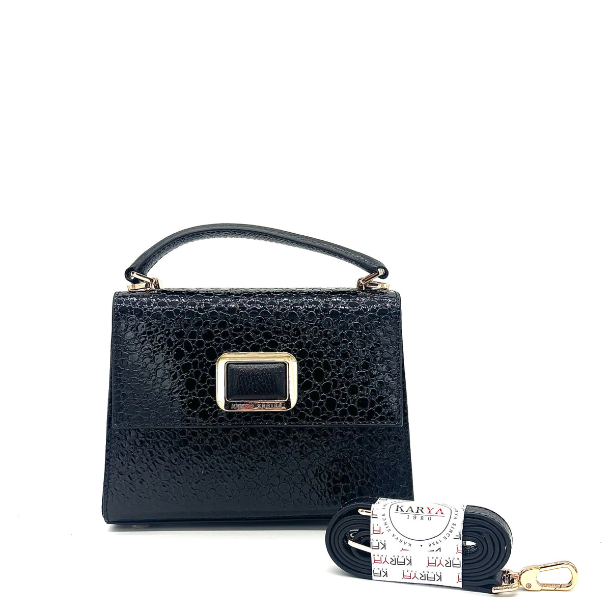 Black patent leather Karya Mila top handle satchel with embossed texture and gold hardware
