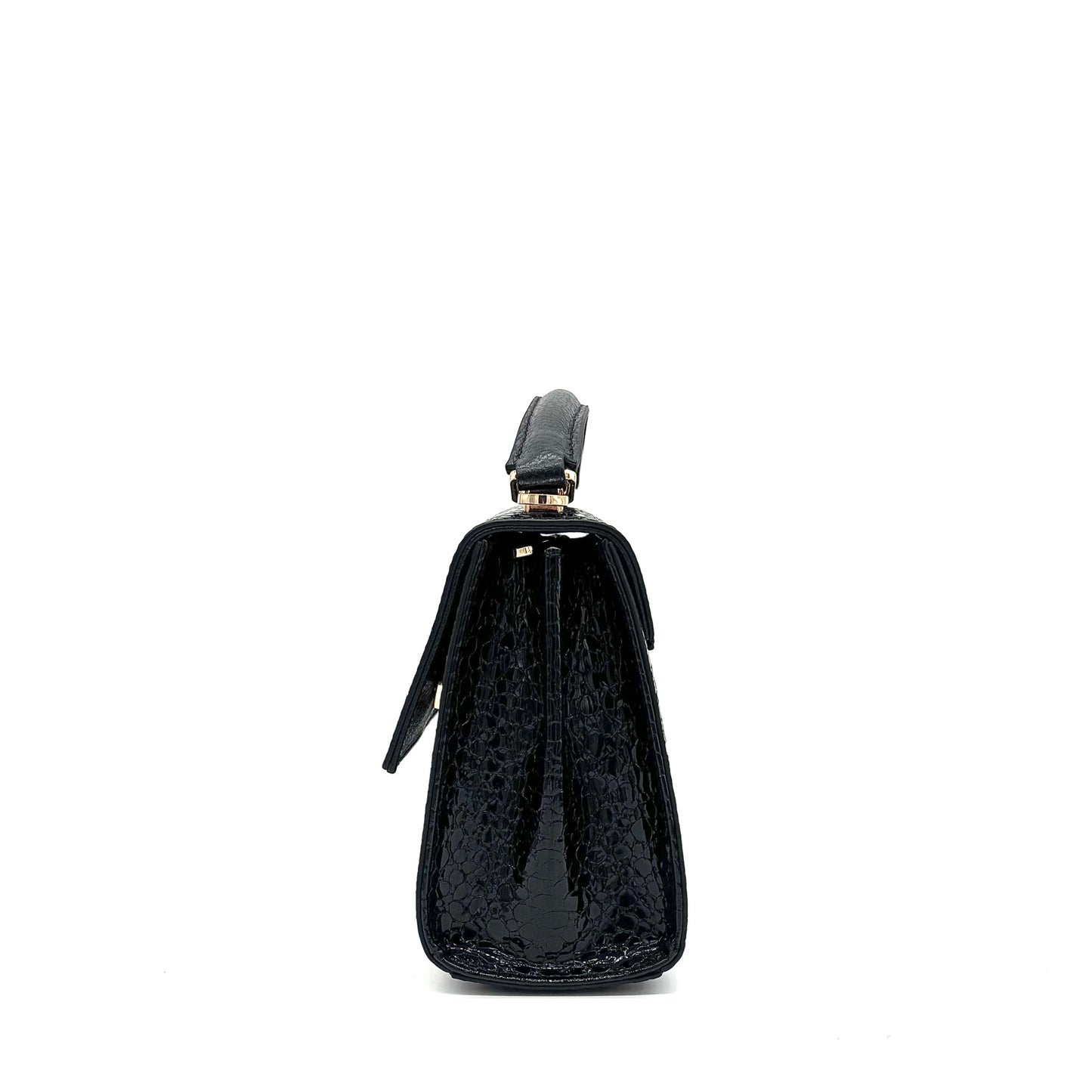 Black patent leather Karya Mila top handle satchel with embossed texture and gold hardware