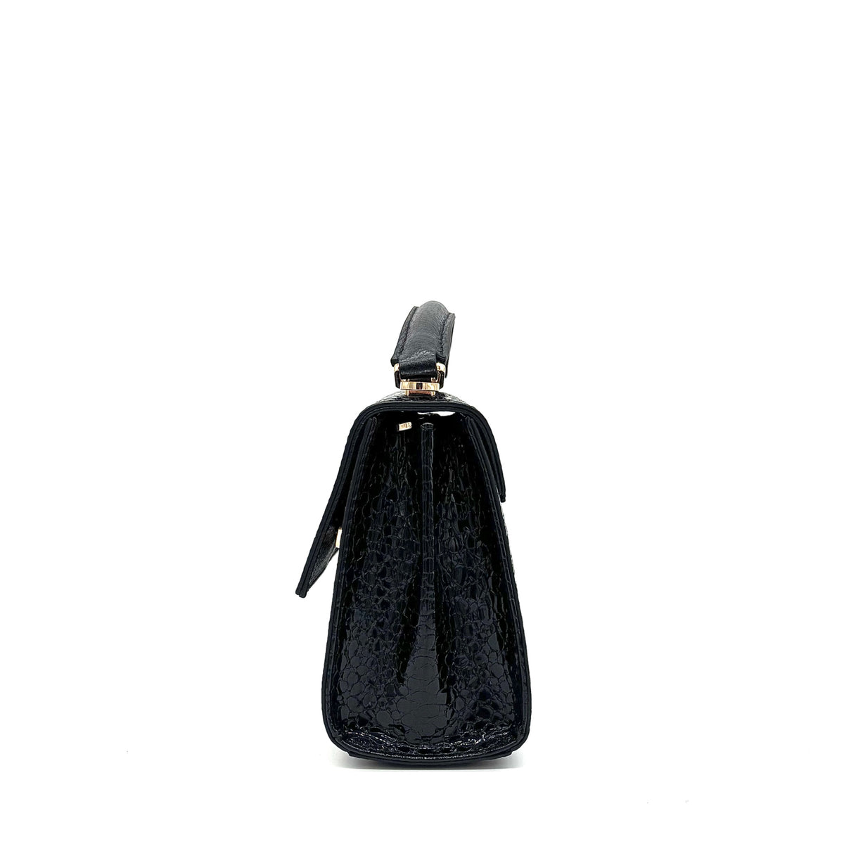 Black patent leather Karya Mila top handle satchel with embossed texture and gold hardware