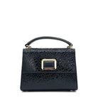 Black patent leather Karya Mila top handle satchel with embossed texture and gold hardware