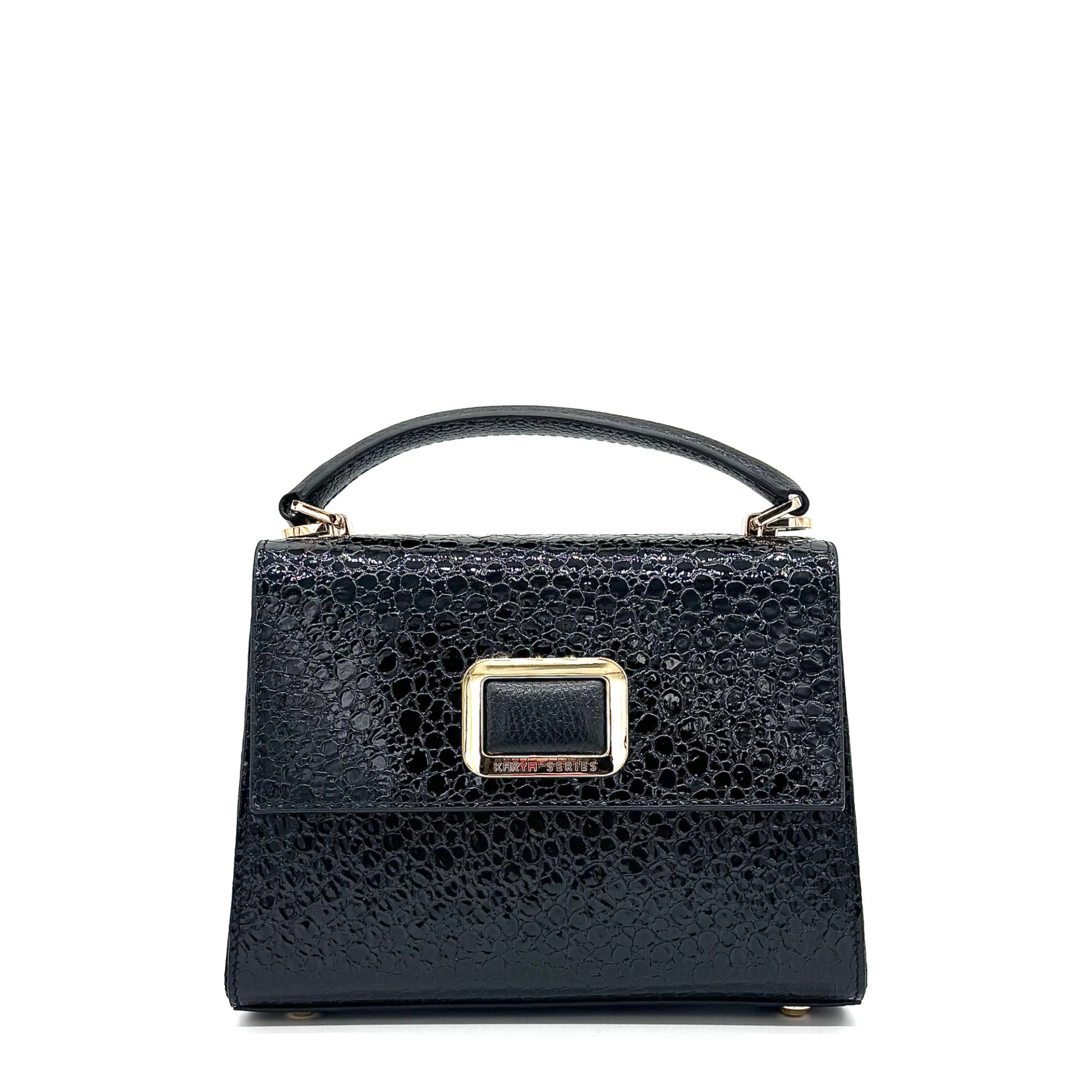 Black patent leather Karya Mila top handle satchel with embossed texture and gold hardware