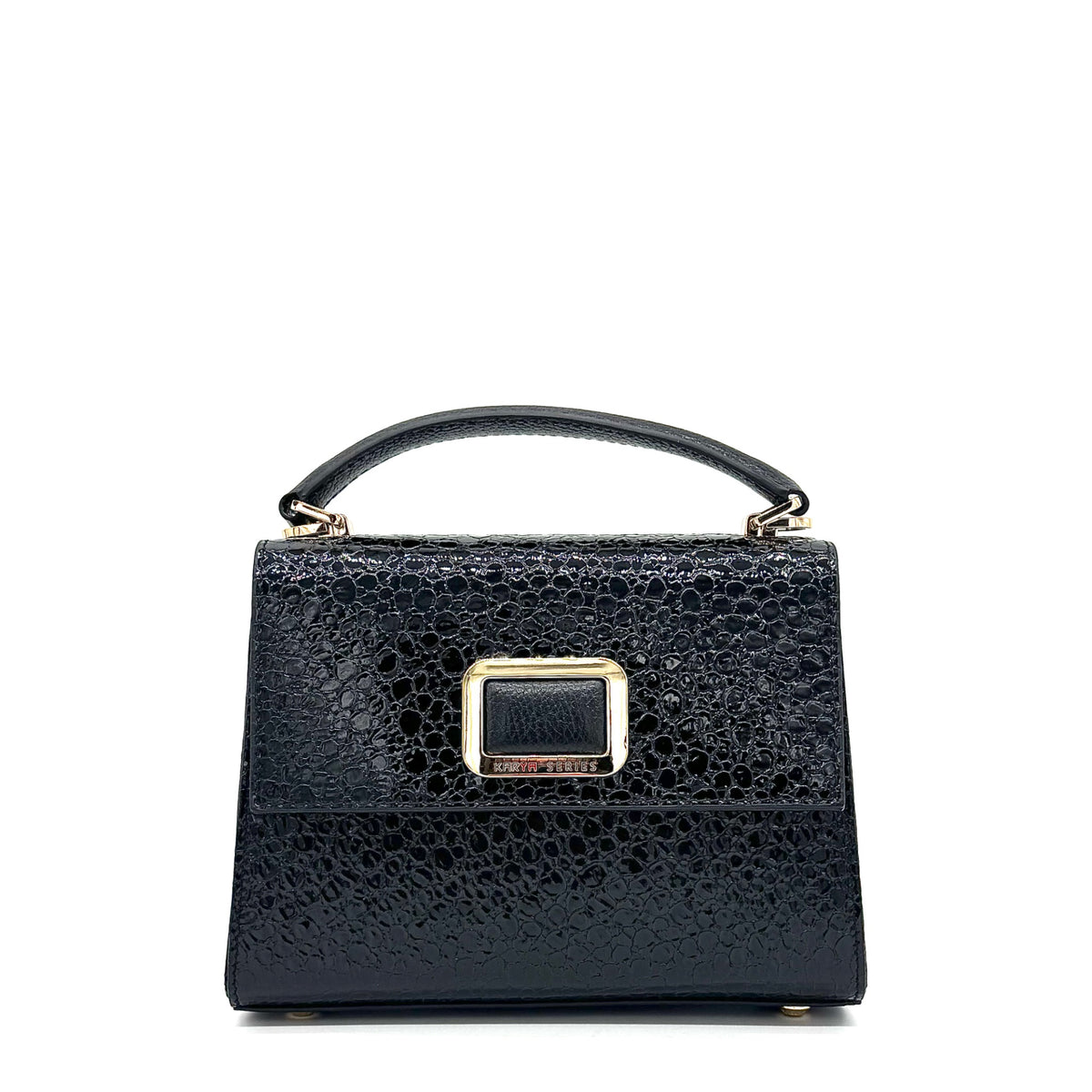 Black patent leather Karya Mila top handle satchel with embossed texture and gold hardware