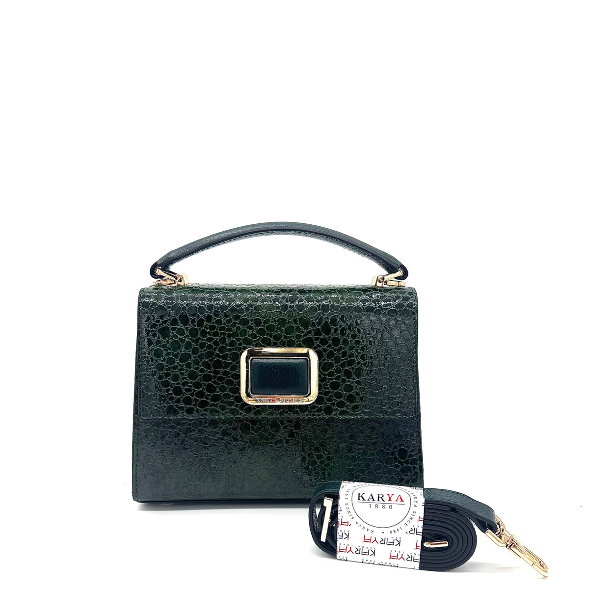 Emerald patent leather Karya Mila top handle satchel with embossed texture and gold hardware