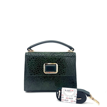 Emerald patent leather Karya Mila top handle satchel with embossed texture and gold hardware