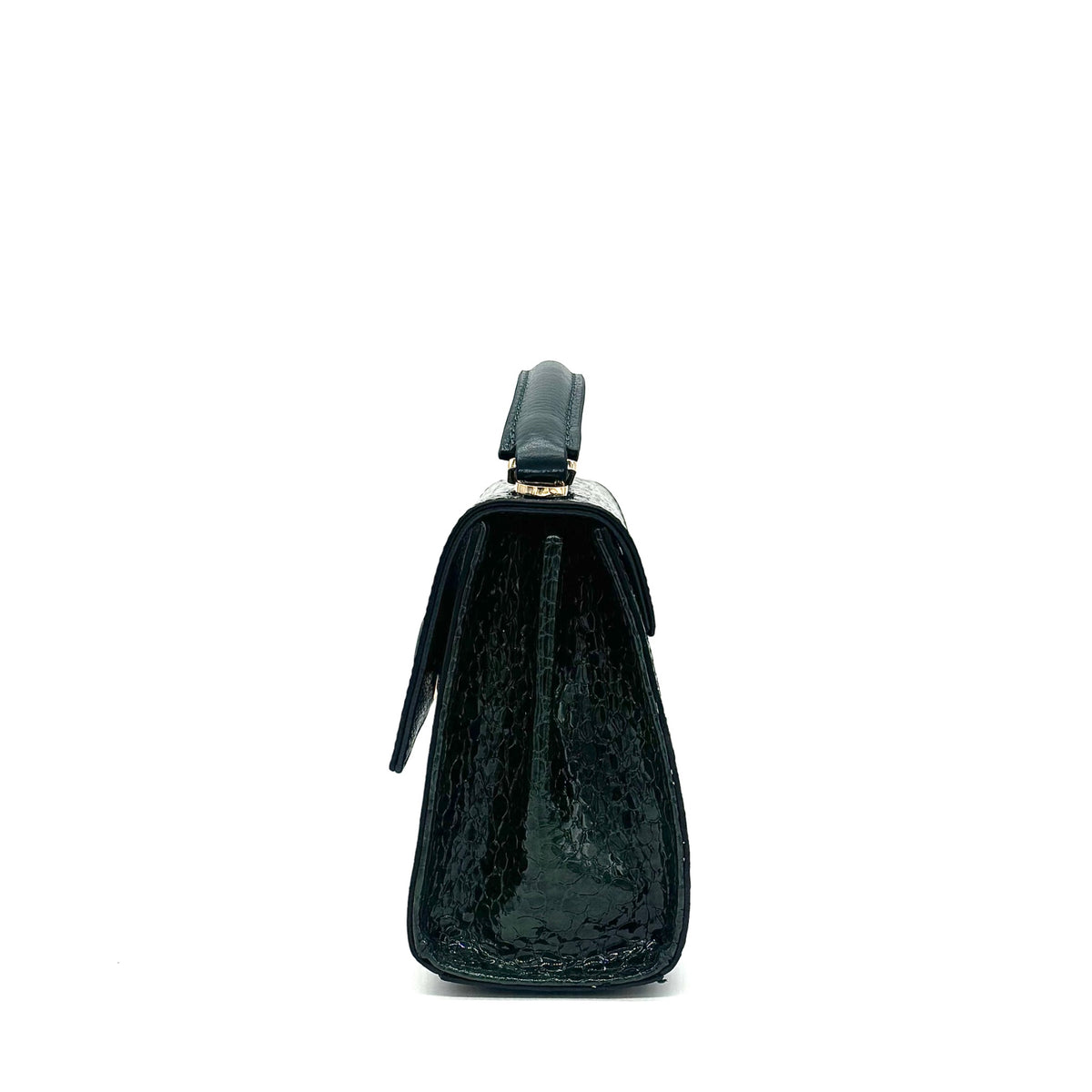 Emerald patent leather Karya Mila top handle satchel with embossed texture and gold hardware