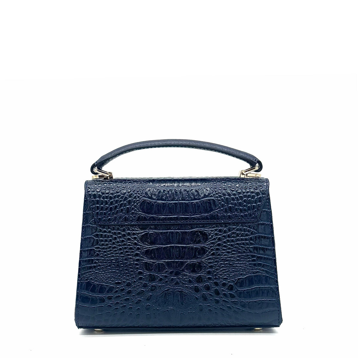 Midnight navy patent leather Karya Mila top handle satchel with embossed texture and gold hardware
