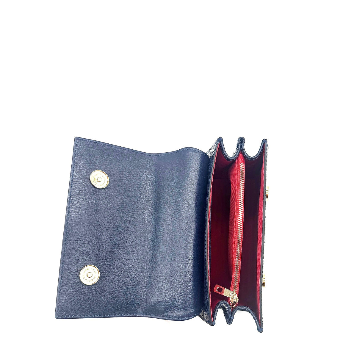 Midnight navy patent leather Karya Mila top handle satchel with embossed texture and gold hardware
