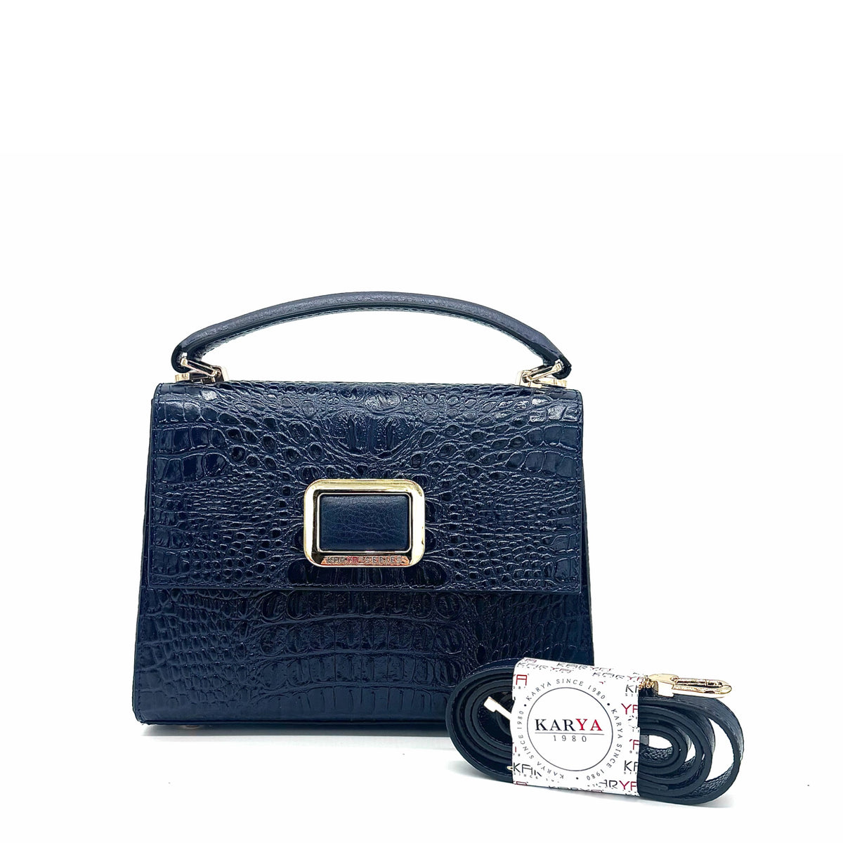 Midnight navy patent leather Karya Mila top handle satchel with embossed texture and gold hardware