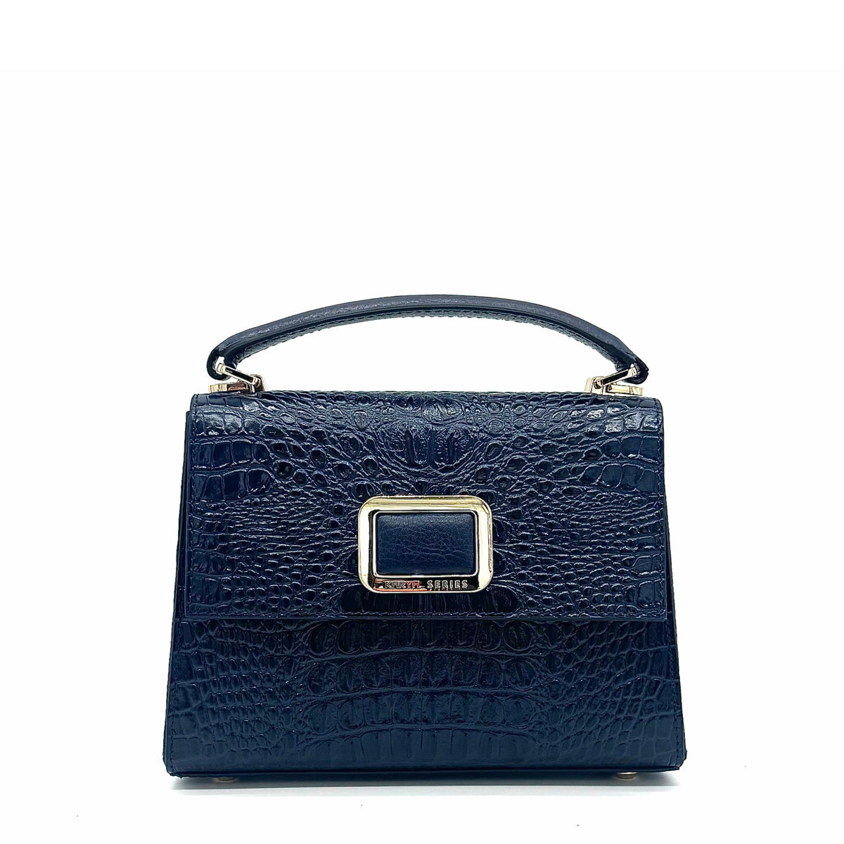 Midnight navy patent leather Karya Mila top handle satchel with embossed texture and gold hardware