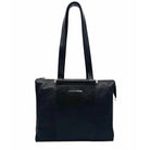Black genuine leather Karya Tatiana shoulder tote with smooth center panel and silver hardware