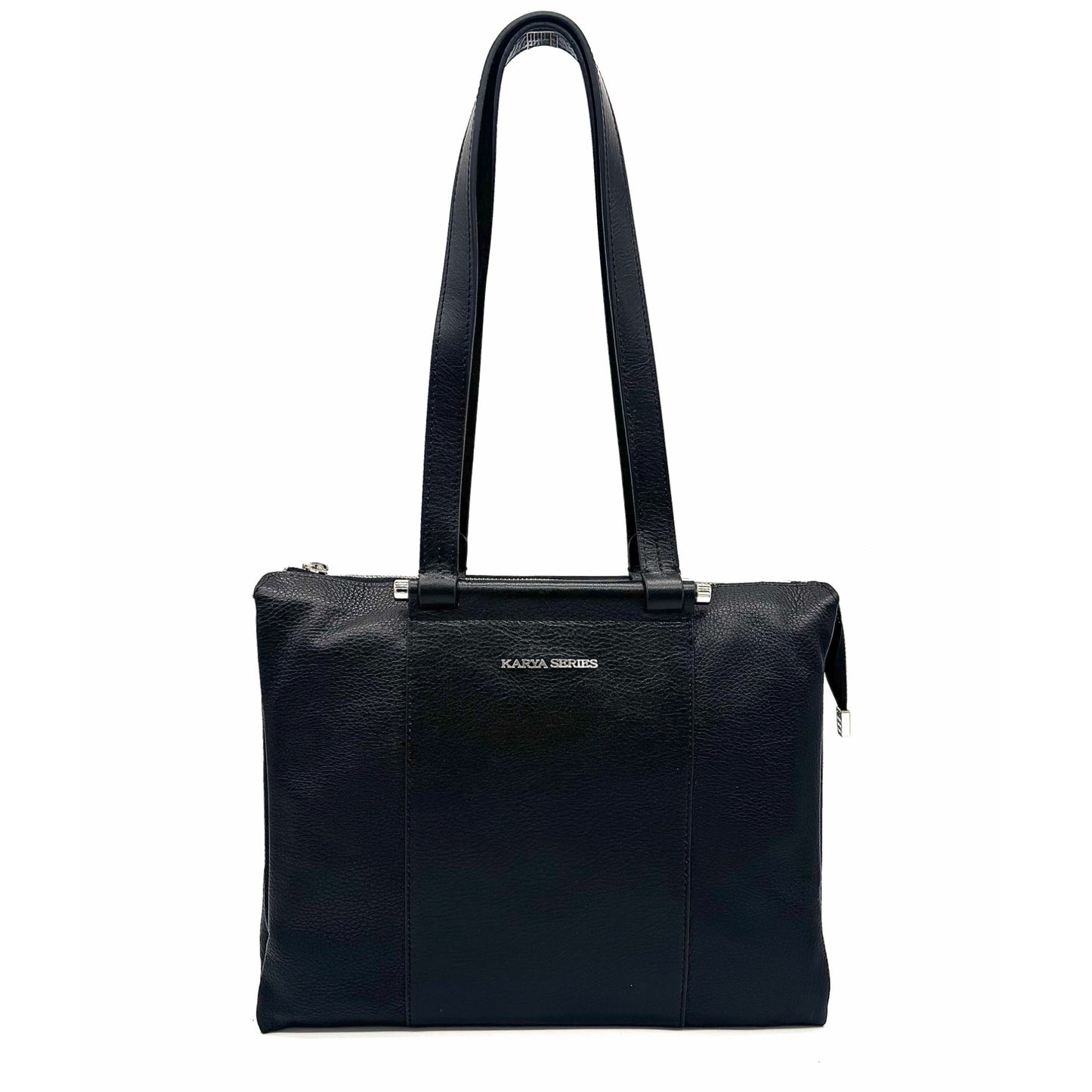 Black genuine leather Karya Tatiana shoulder tote with smooth center panel and silver hardware