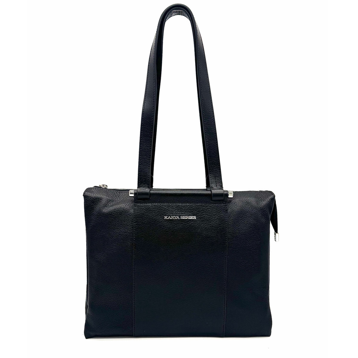 Black genuine leather Karya Tatiana shoulder tote with smooth center panel and silver hardware