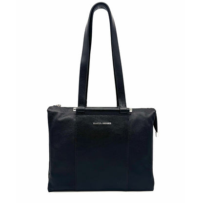 Black genuine leather Karya Tatiana shoulder tote with smooth center panel and silver hardware