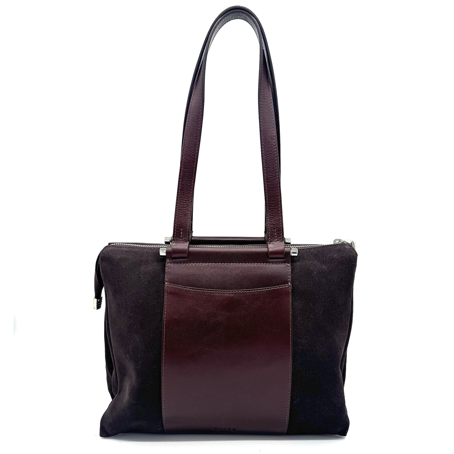 Brown suede and leather Karya Tatiana shoulder tote with contrast panel detail
