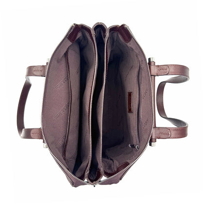 Brown suede and leather Karya Tatiana shoulder tote with contrast panel detail