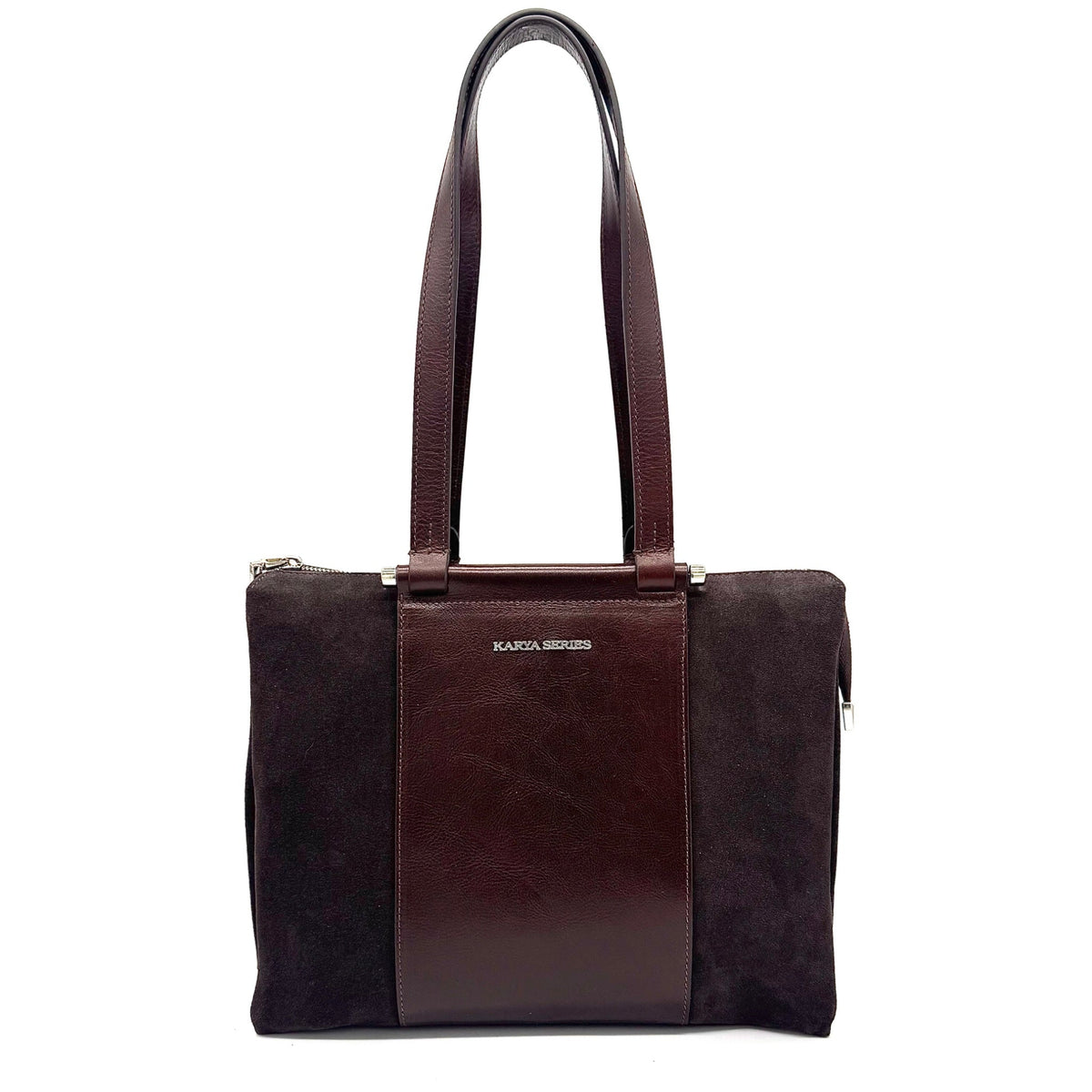 Brown suede and leather Karya Tatiana shoulder tote with contrast panel detail