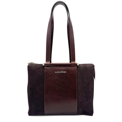 Brown suede and leather Karya Tatiana shoulder tote with contrast panel detail