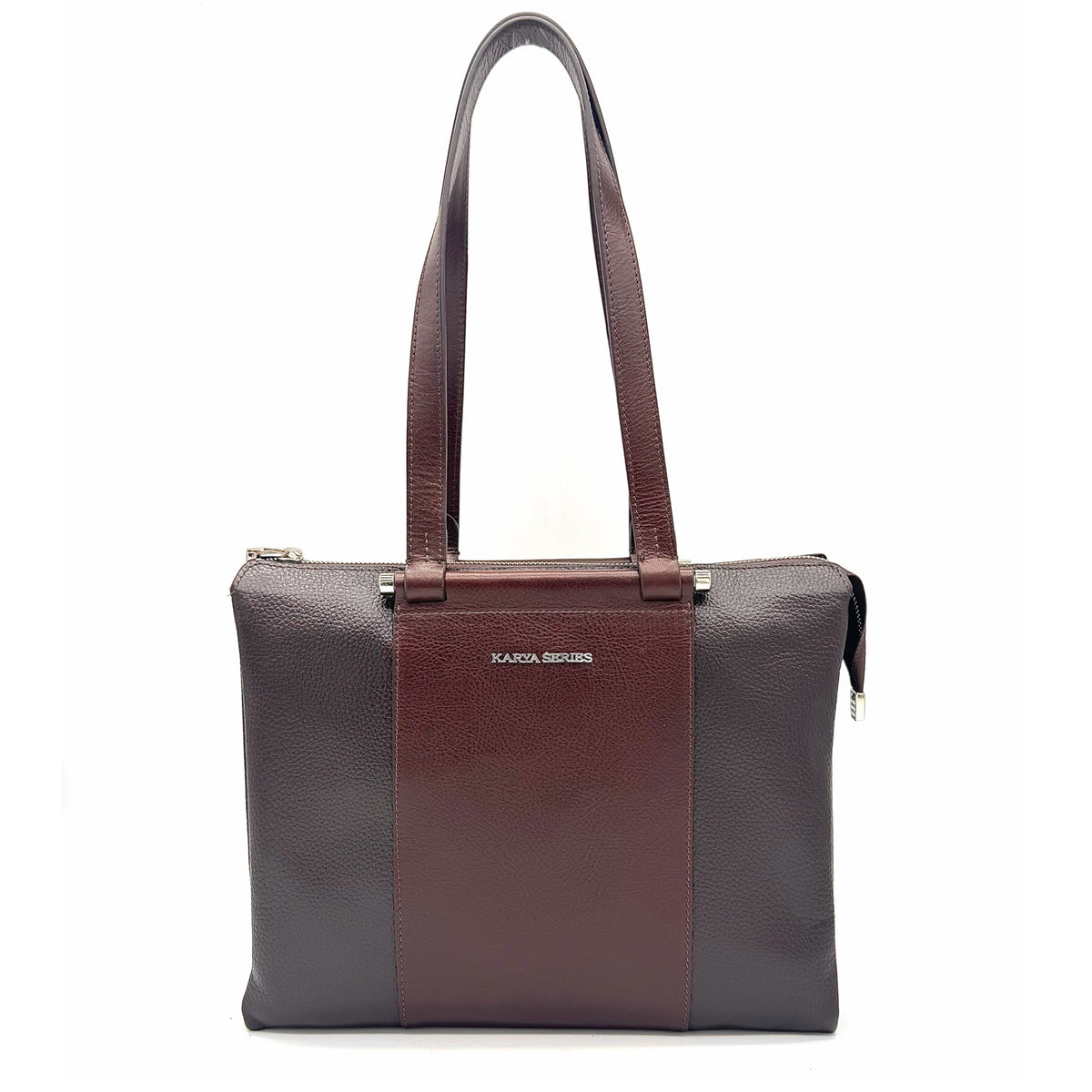 Brown genuine leather Karya Tatiana shoulder tote with smooth center panel and silver hardware