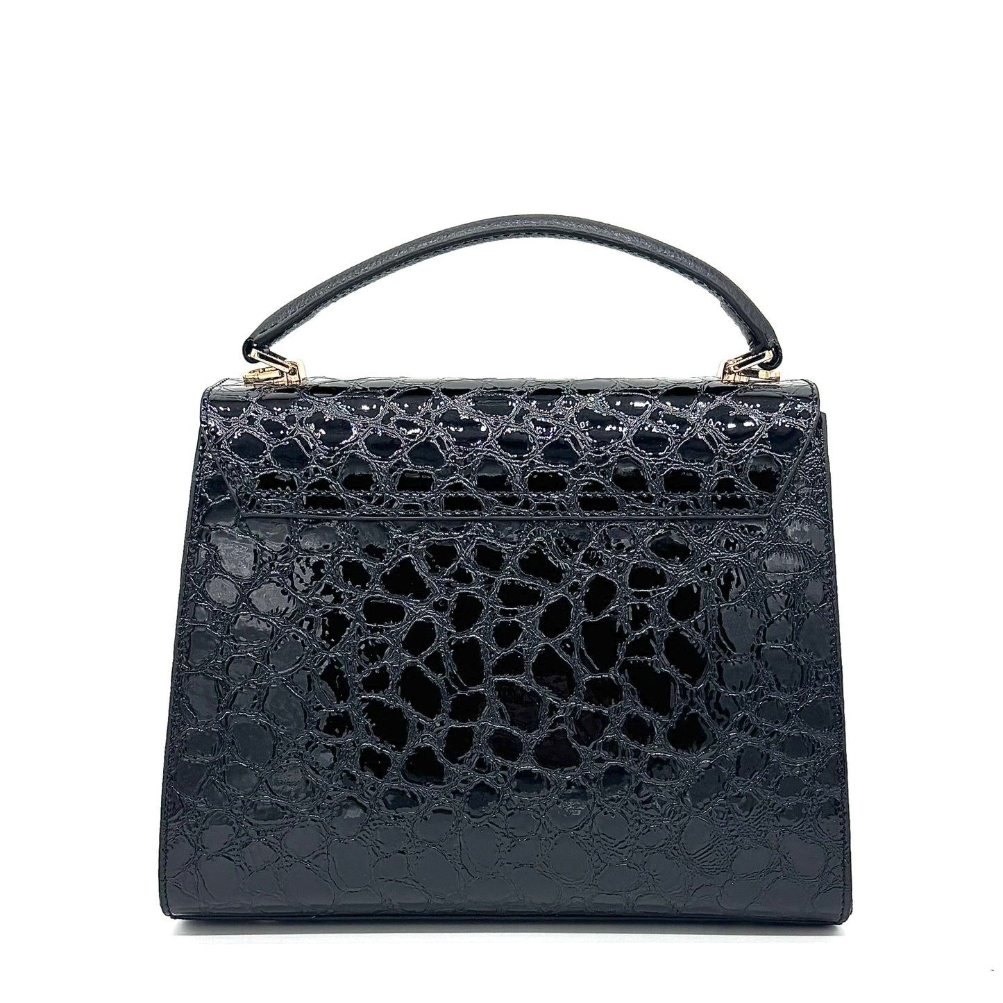 Black patent croc-embossed Karya Vera top handle satchel with gold clasp hardware