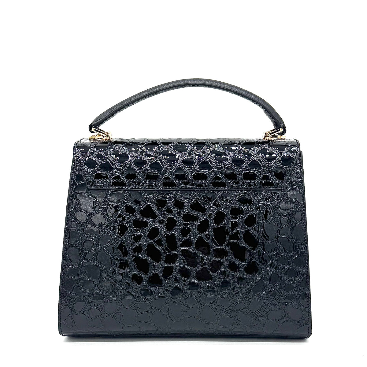 Black patent croc-embossed Karya Vera top handle satchel with gold clasp hardware