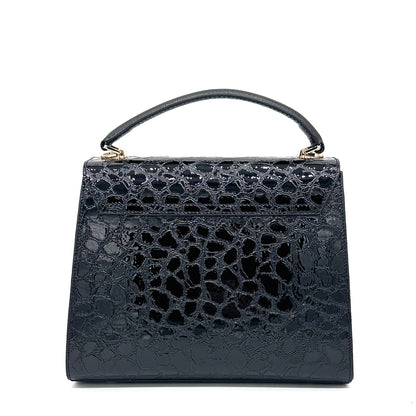 Black patent croc-embossed Karya Vera top handle satchel with gold clasp hardware