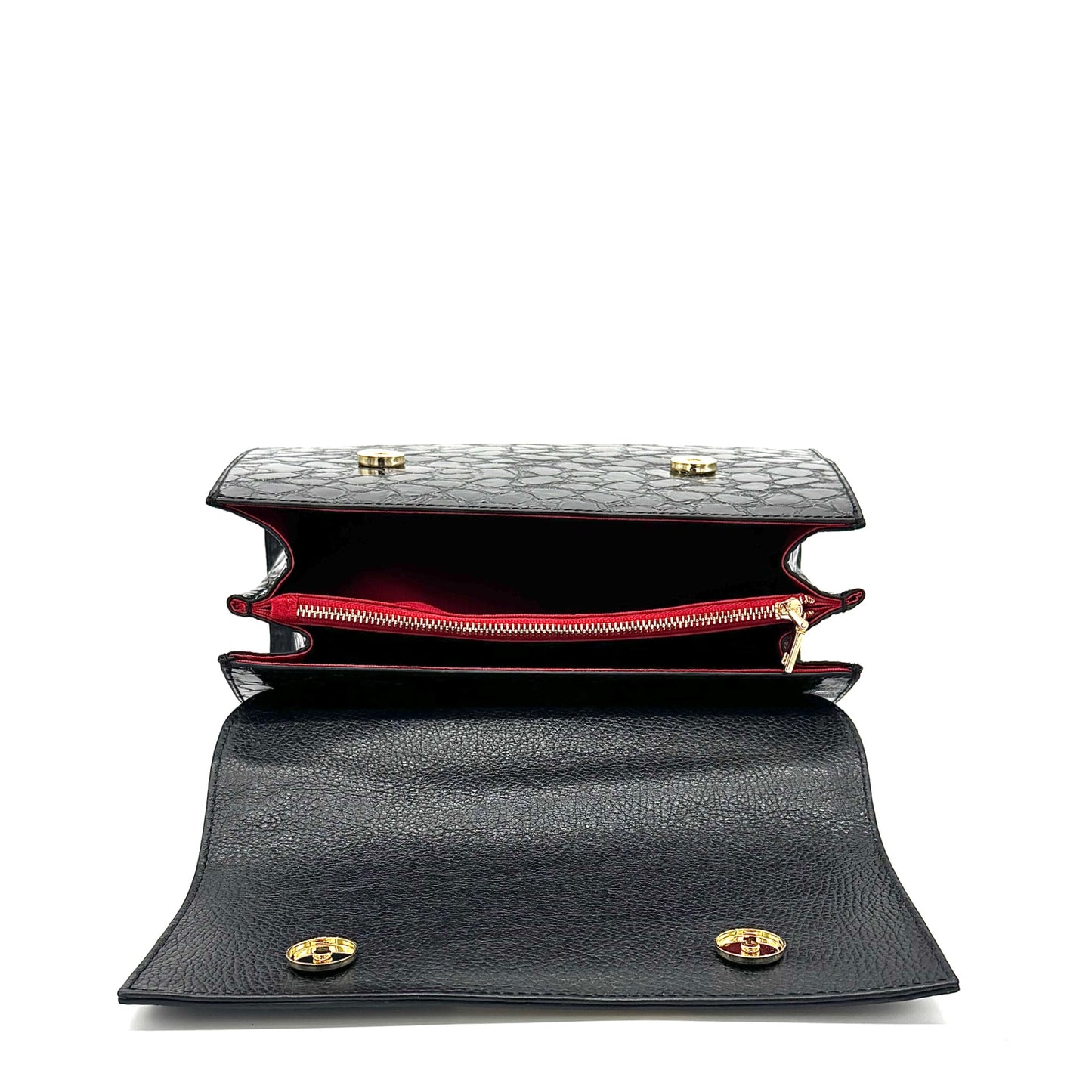 Black patent croc-embossed Karya Vera top handle satchel with gold clasp hardware