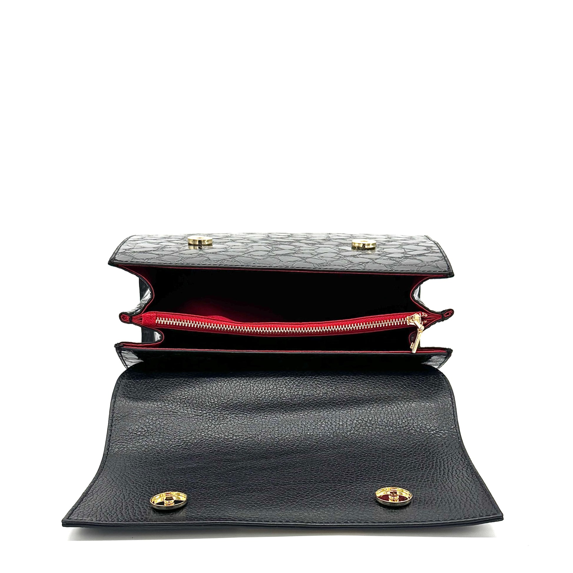 Black patent croc-embossed Karya Vera top handle satchel with gold clasp hardware