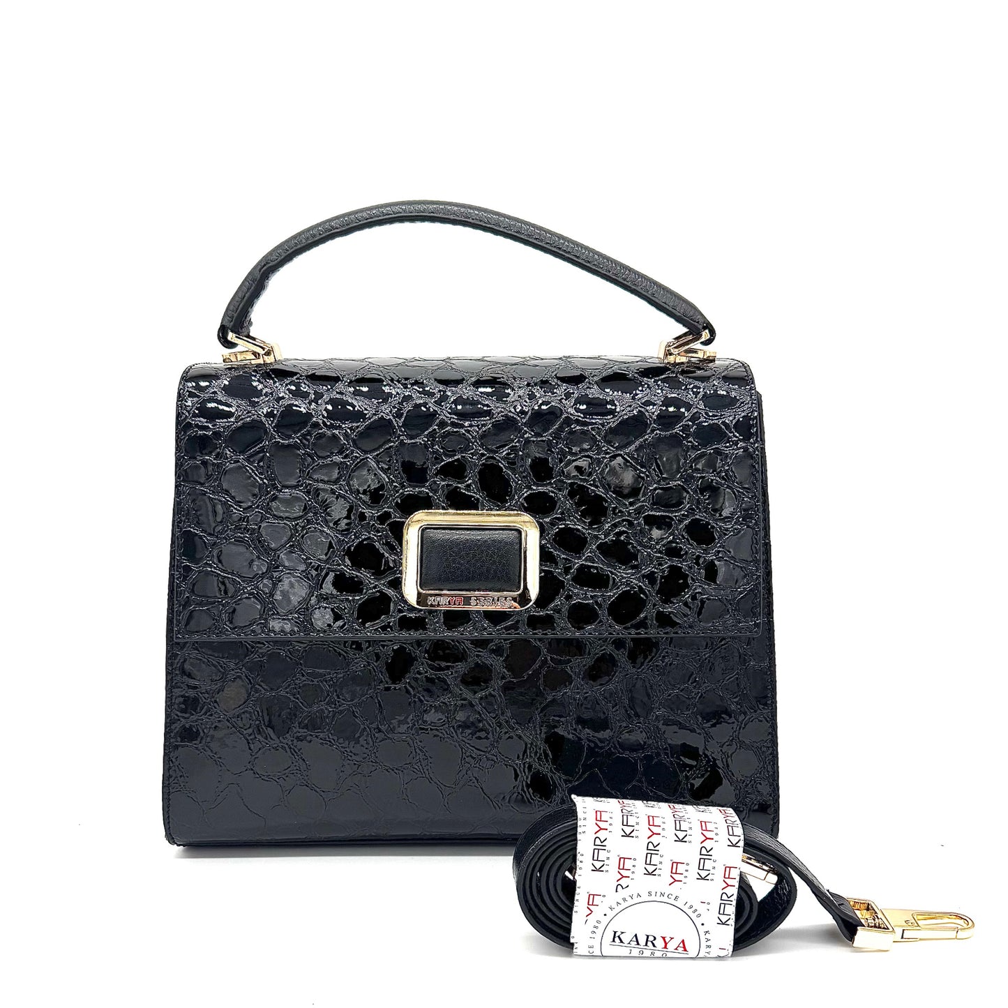 Black patent croc-embossed Karya Vera top handle satchel with gold clasp hardware