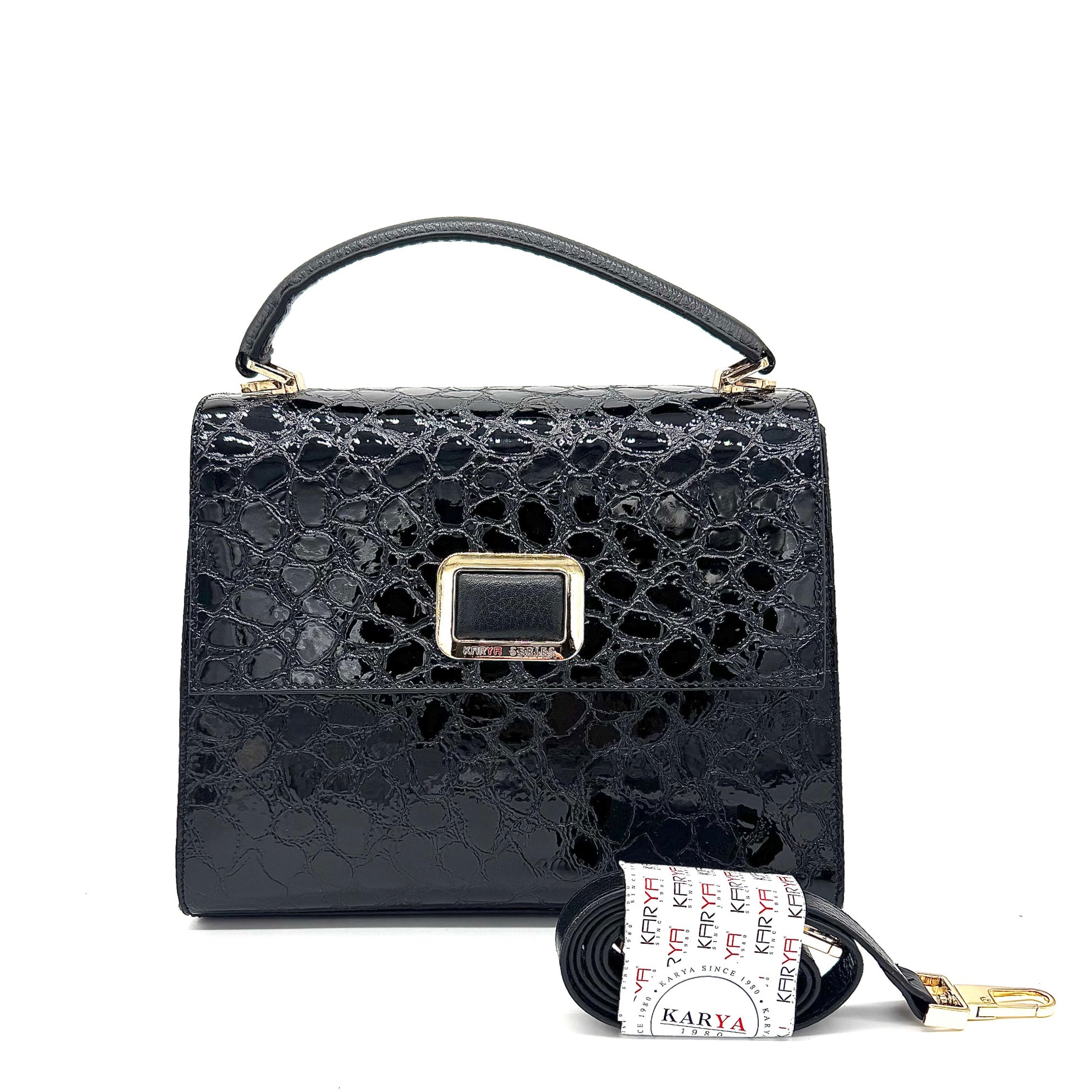 Black patent croc-embossed Karya Vera top handle satchel with gold clasp hardware