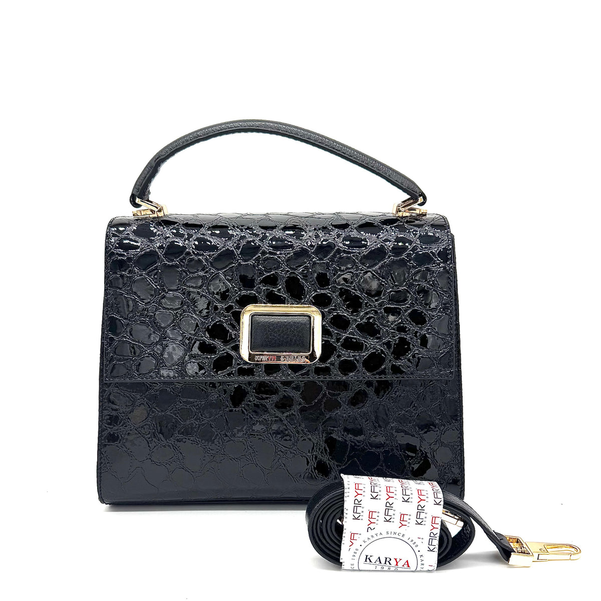 Black patent croc-embossed Karya Vera top handle satchel with gold clasp hardware