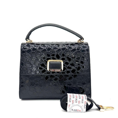 Black patent croc-embossed Karya Vera top handle satchel with gold clasp hardware