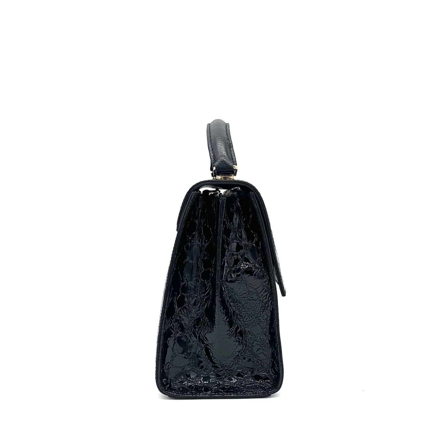 Black patent croc-embossed Karya Vera top handle satchel with gold clasp hardware