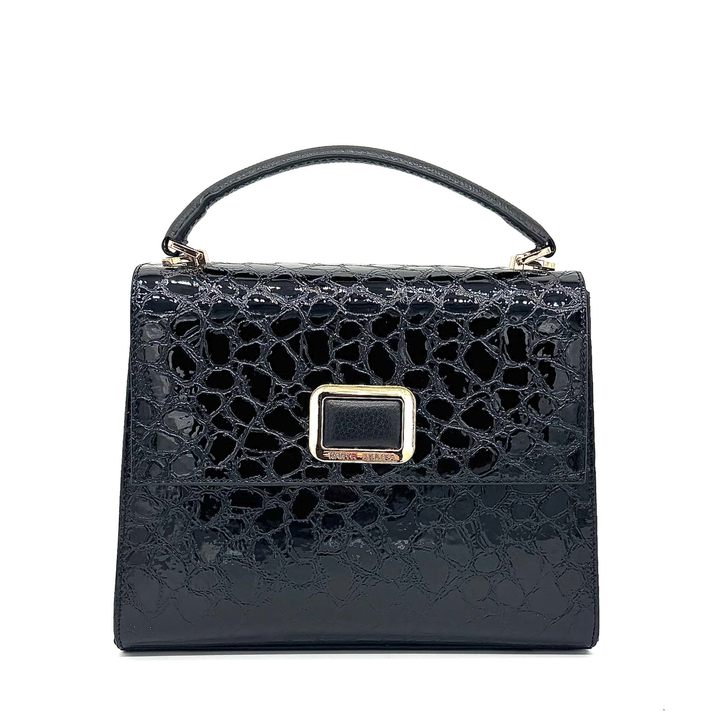 Black patent croc-embossed Karya Vera top handle satchel with gold clasp hardware