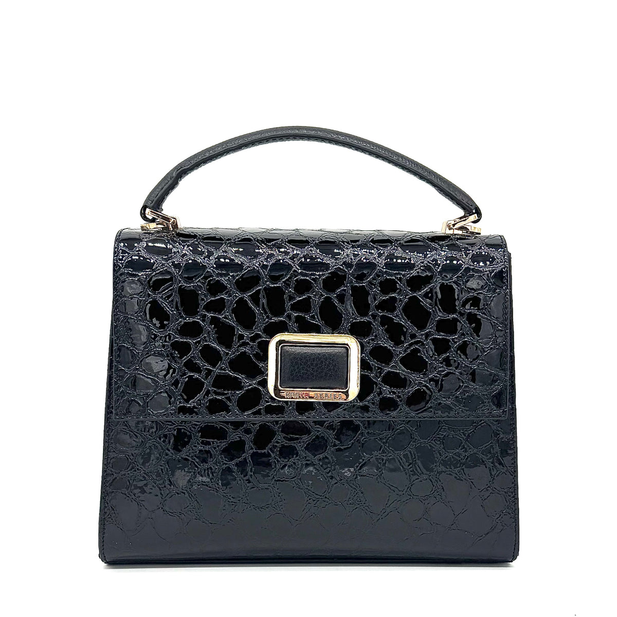 Black patent croc-embossed Karya Vera top handle satchel with gold clasp hardware
